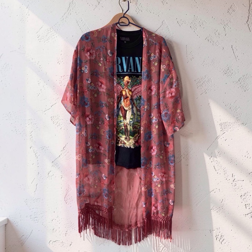 Nirvana Band Tee (M) + Floral Kimono OS Grunge Boho Layered Outfit